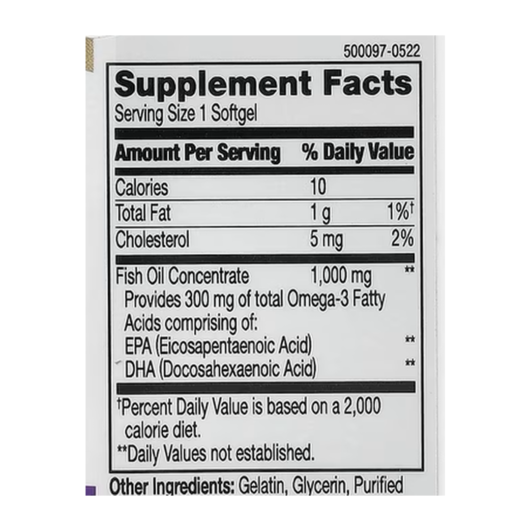21st Century, Fish Oil, 1,000 mg, 60 Softgels supplement facts label showing ingredients, vitamins, minerals, and serving information