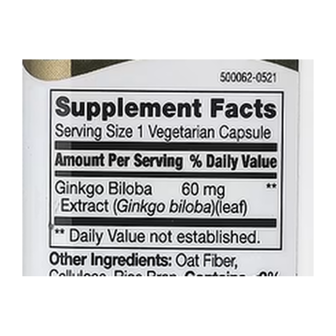 21st Century, Ginkgo Biloba Extract, Standardized, 200 Vegetarian Capsules supplement facts label showing ingredients, vitamins, minerals, and serving information