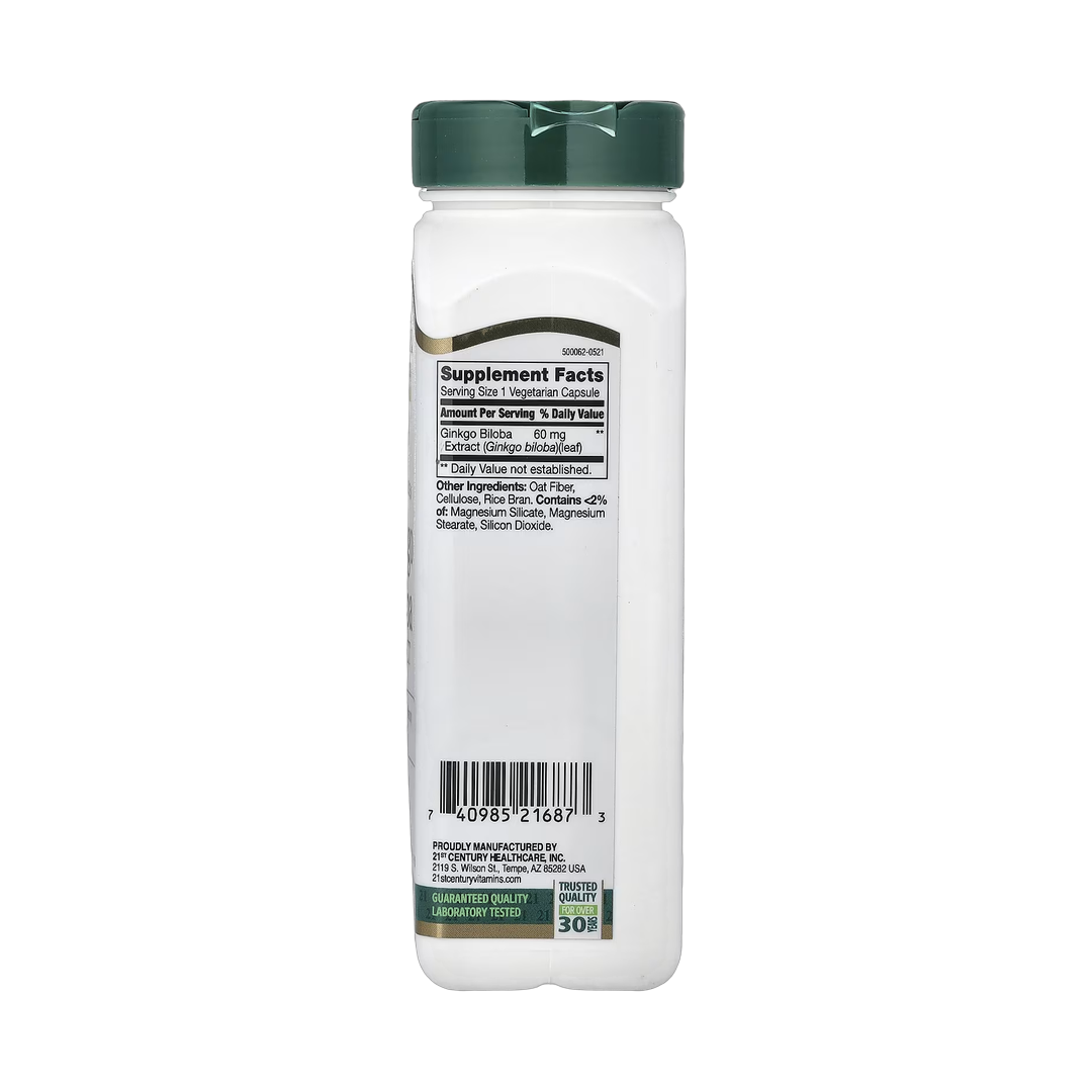 21st Century, Ginkgo Biloba Extract, Standardized, 200 Vegetarian Capsules back packaging view