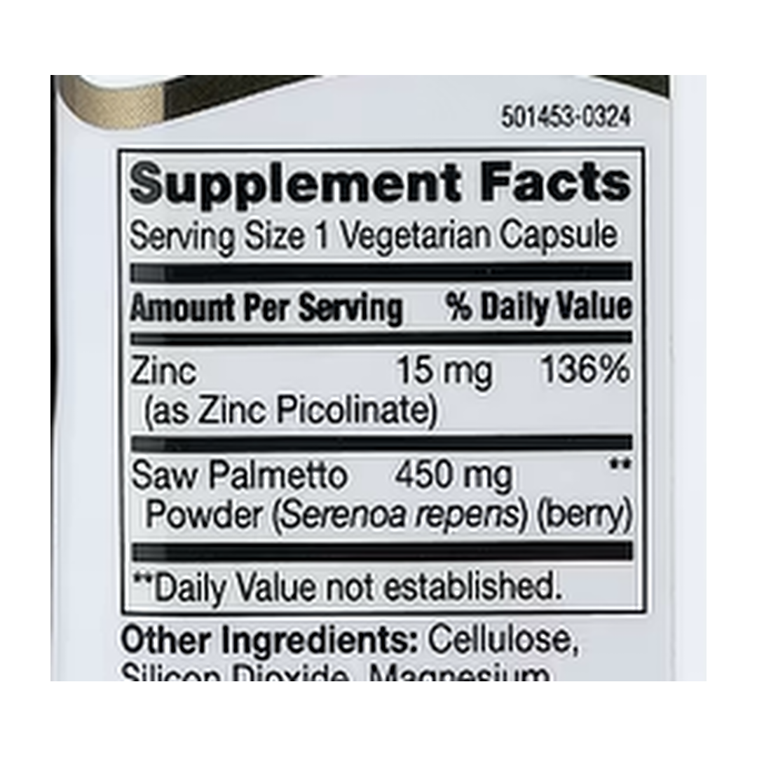 21st Century, Saw Palmetto, 200 Vegetarian Capsules supplement facts label showing ingredients, vitamins, minerals, and serving information