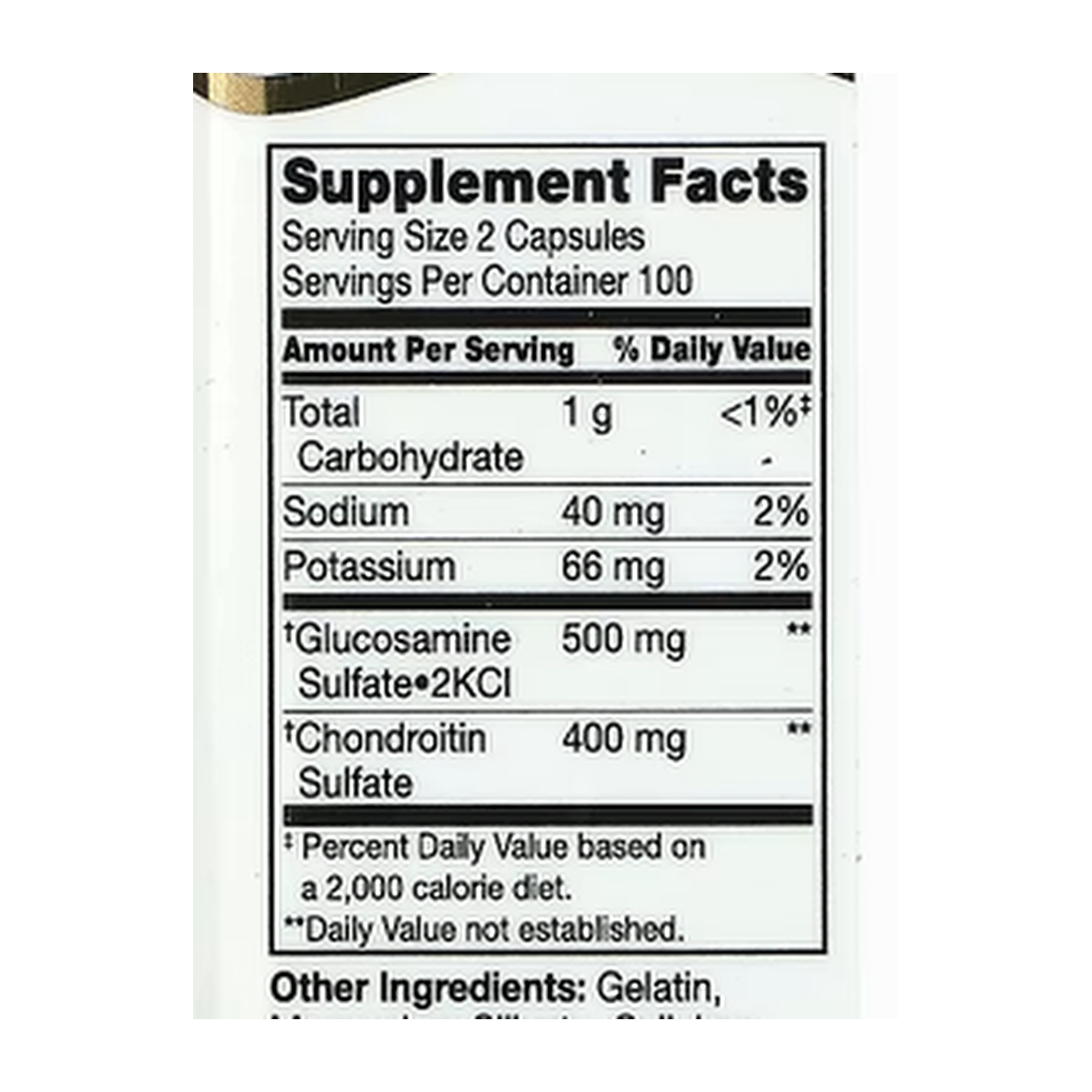 21st Century, Glucosamine / Chondroitin, Original Strength, 200 Easy to Swallow Capsules supplement facts label showing ingredients, vitamins, minerals, and serving information