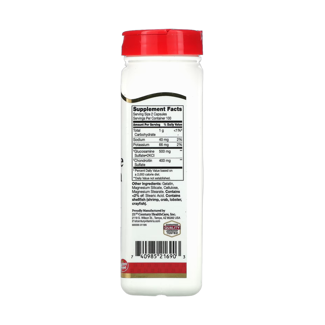 21st Century, Glucosamine / Chondroitin, Original Strength, 200 Easy to Swallow Capsules back packaging view