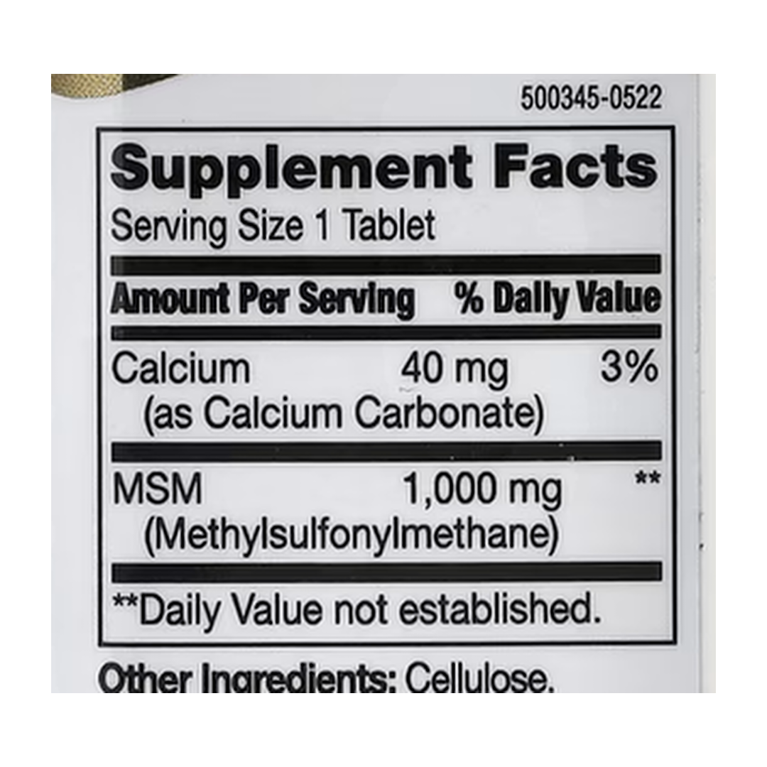 21st Century, MSM, 1,000 mg, 90 Tablets supplement facts label showing ingredients, vitamins, minerals, and serving information