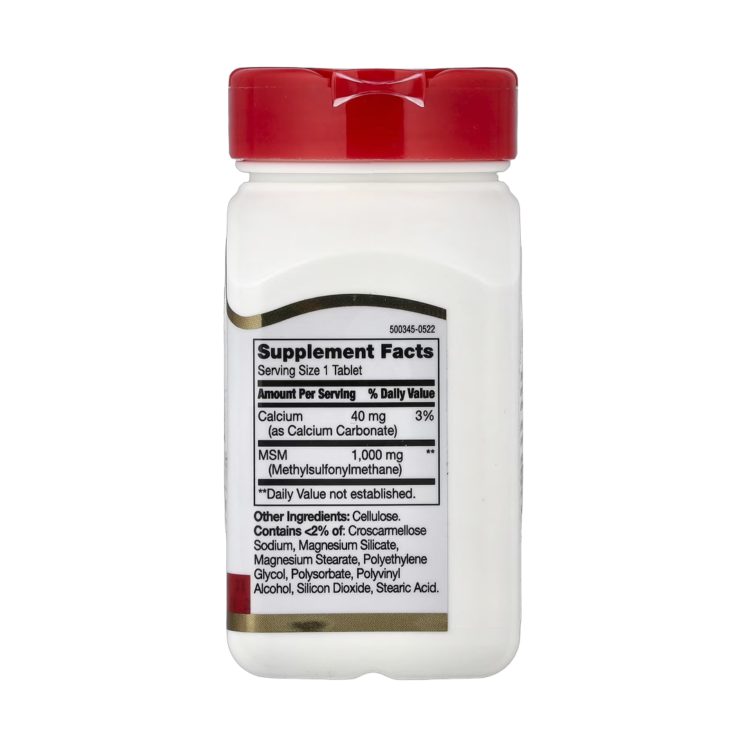21st Century, MSM, 1,000 mg, 90 Tablets back packaging view