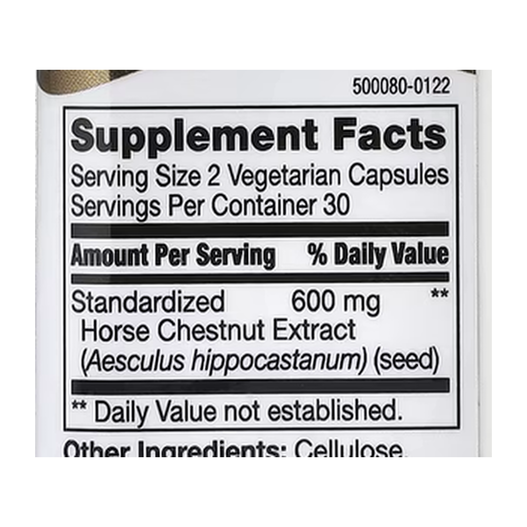 21st Century, Horse Chestnut Extract, Standardized, 60 Vegetarian Capsules supplement facts label showing ingredients, vitamins, minerals, and serving information