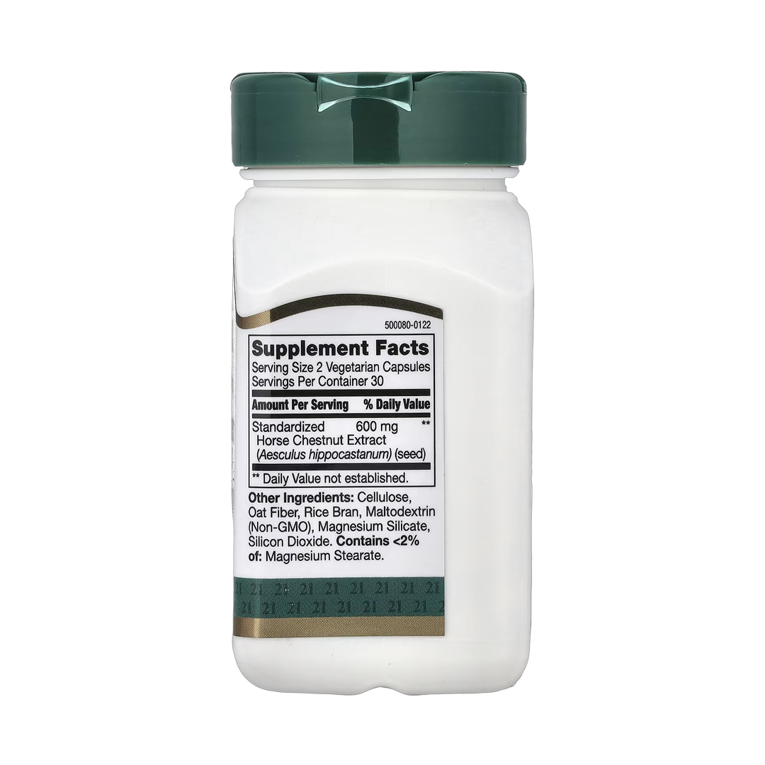 21st Century, Horse Chestnut Extract, Standardized, 60 Vegetarian Capsules back packaging view