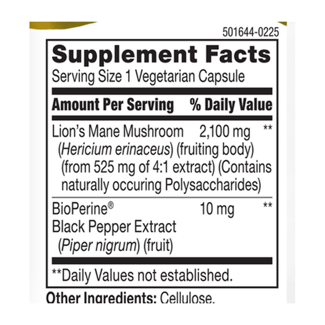 21st Century, Lion's Mane, 2,100 mg, 60 Vegetarian Capsules supplement facts label showing ingredients, vitamins, minerals, and serving information