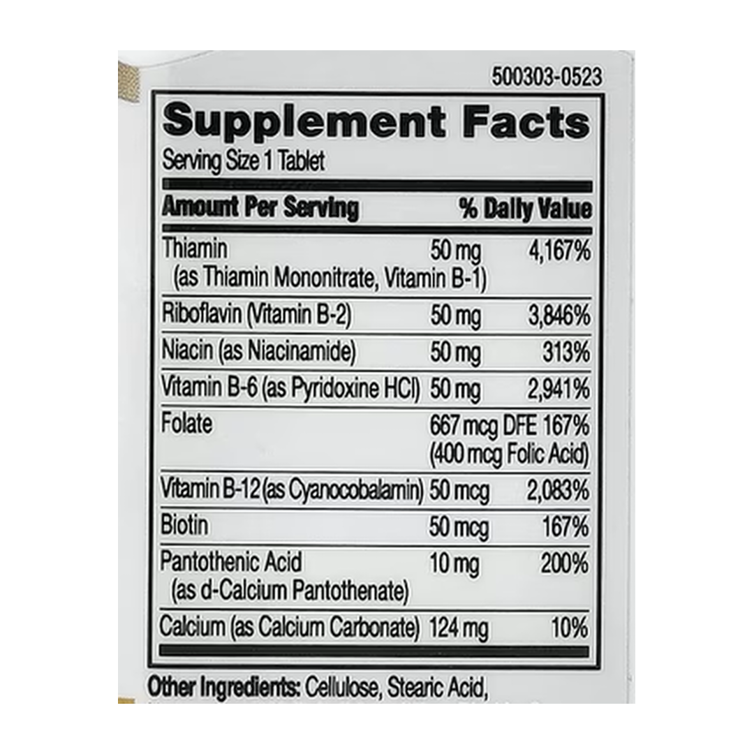 21st Century, B-50 Complex, Prolonged Release, 60 Tablets supplement facts label showing ingredients, vitamins, minerals, and serving information