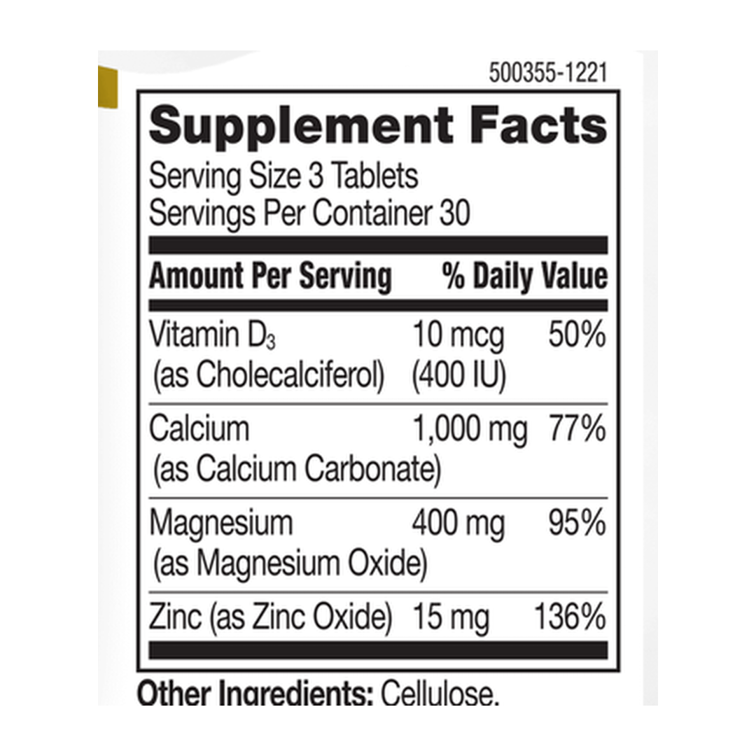 21st Century, Calcium Magnesium Zinc + D3, 90 Tablets supplement facts label showing ingredients, vitamins, minerals, and serving information