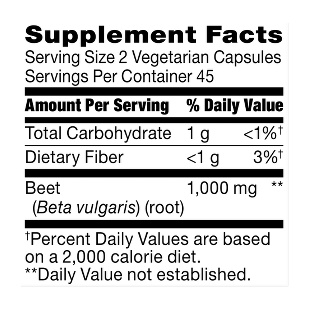 21st Century, Beet Root, 90 Capsules supplement facts label showing ingredients, vitamins, minerals, and serving information