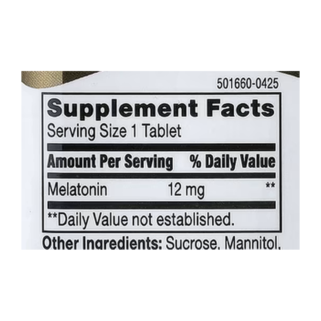 21st Century, Melatonin, Max Strength, Cherry, 12 mg, 120 Tablets supplement facts label showing ingredients, vitamins, minerals, and serving information