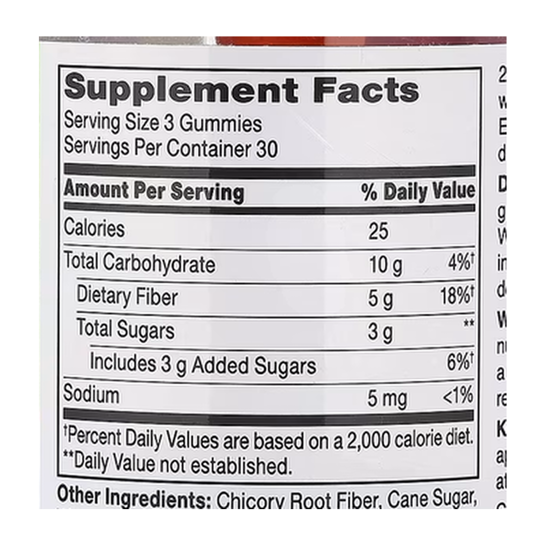 21st Century, VitaJoy® Gummies, Fiber, Fruit, 90 Gummies supplement facts label showing ingredients, vitamins, minerals, and serving information