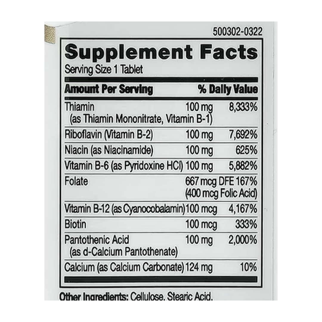 21st Century, B-100 Complex, Prolonged Release, 60 Tablets supplement facts label showing ingredients, vitamins, minerals, and serving information