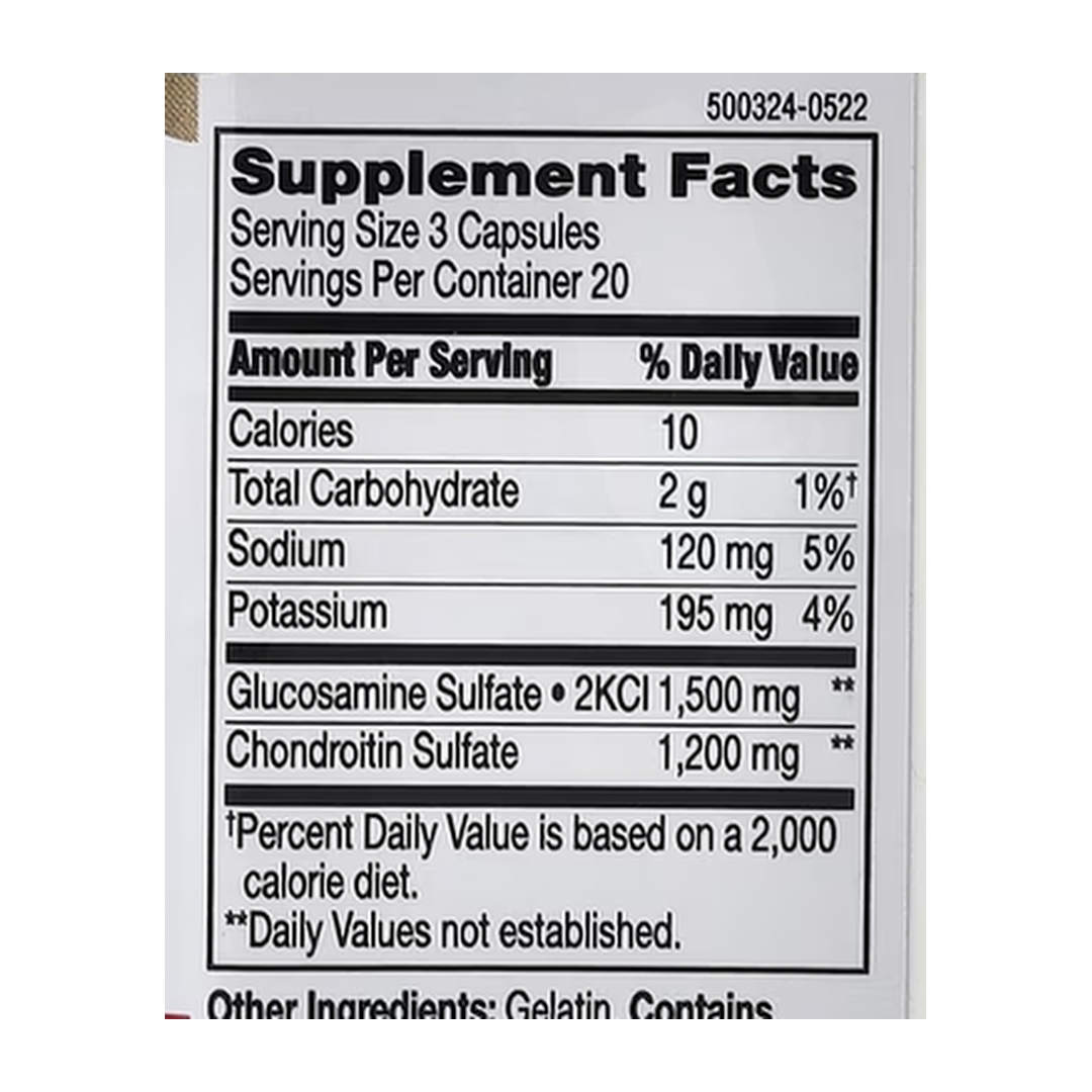 21st Century, Glucosamine Chondroitin, 500 mg/400 mg, 60 Easy To Swallow Capsules supplement facts label showing ingredients, vitamins, minerals, and serving information