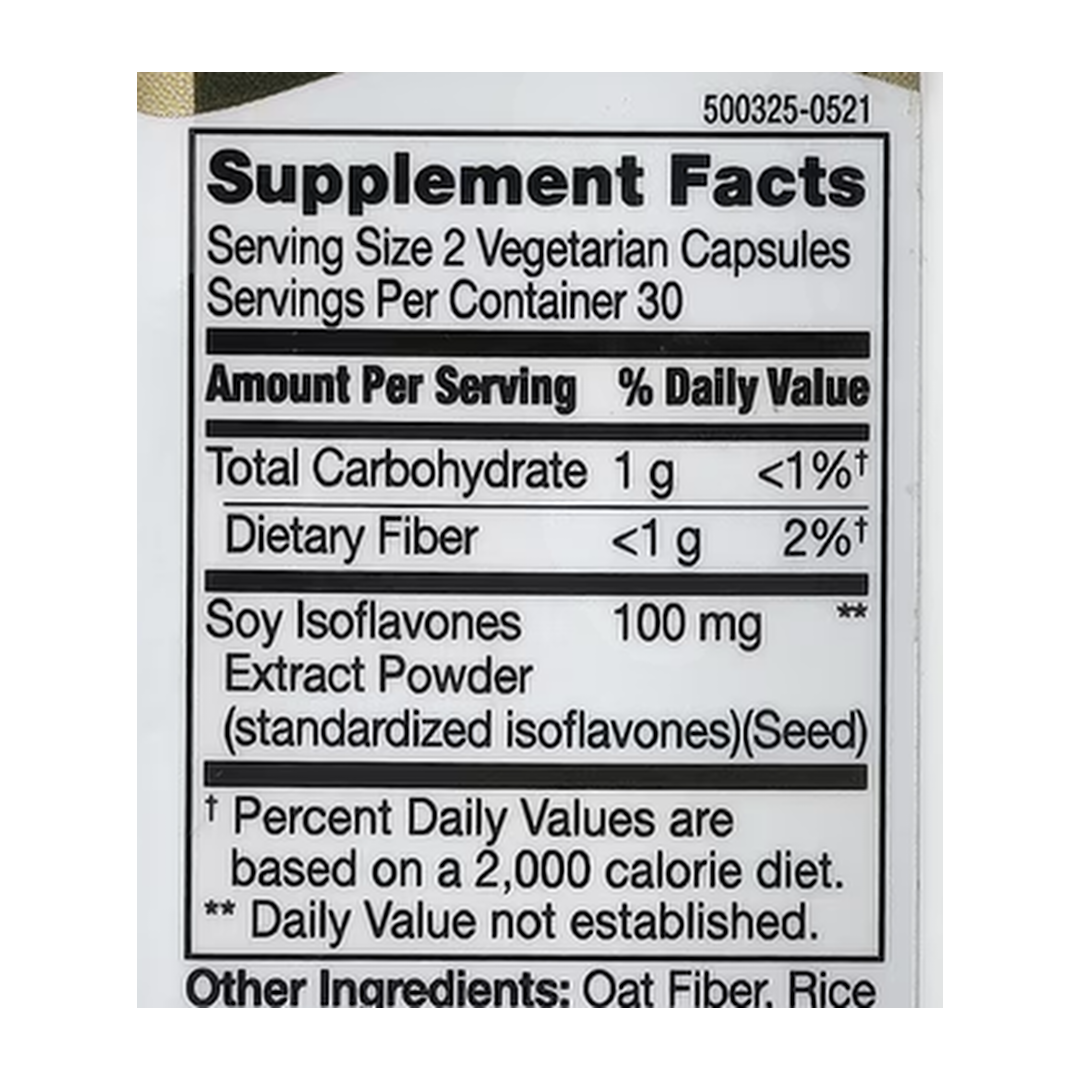 21st Century, Soy Isoflavones Extract, Standardized, 60 Vegetarian Capsules supplement facts label showing ingredients, vitamins, minerals, and serving information
