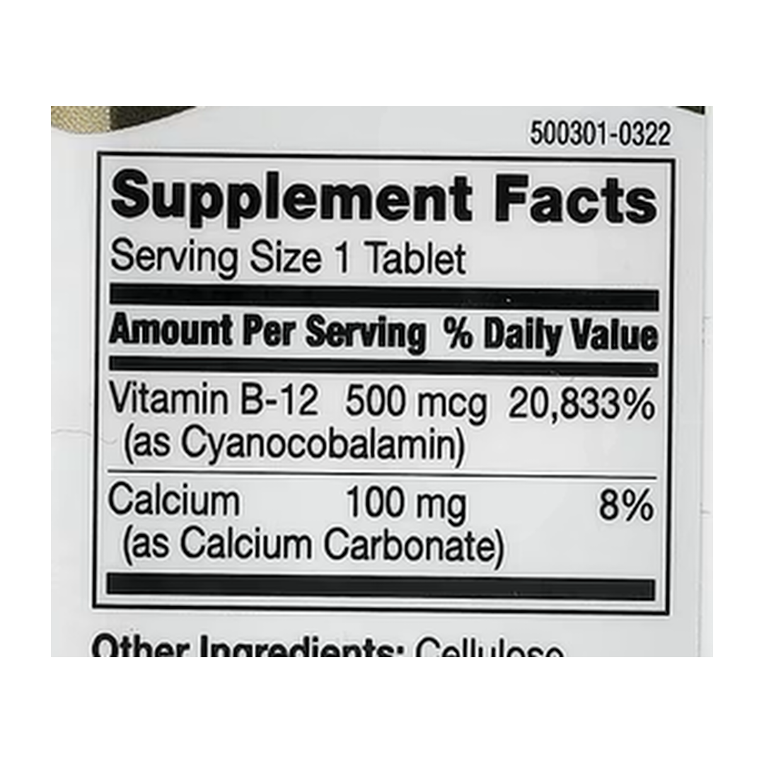 21st Century, Vitamin B-12, 500 mcg, 110 Tablets supplement facts label showing ingredients, vitamins, minerals, and serving information