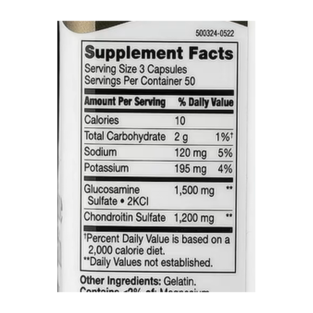 21st Century, Glucosamine Chondroitin, 150 Easy To Swallow Capsules supplement facts label showing ingredients, vitamins, minerals, and serving information