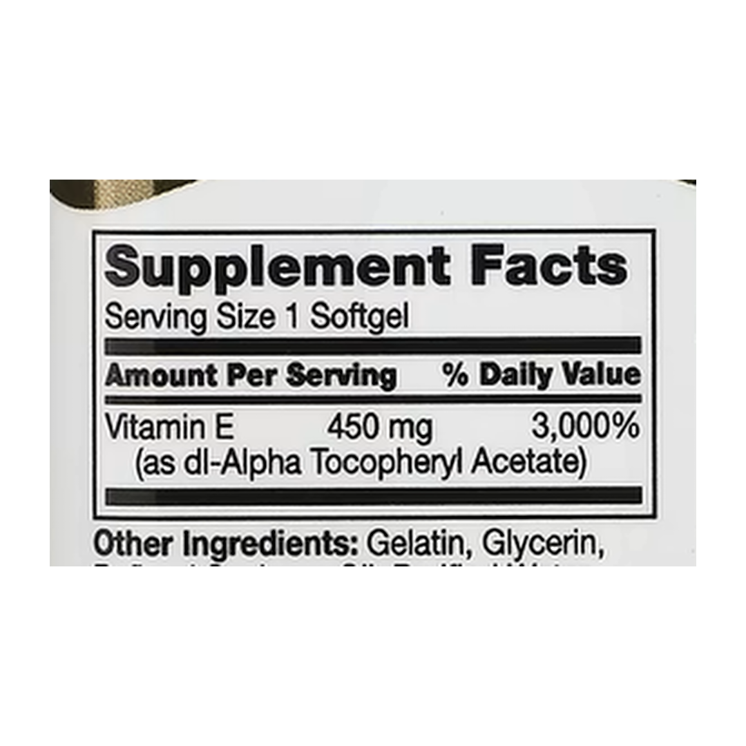 21st Century, Vitamin E, 450 mg (1,000 IU), 55 Softgels supplement facts label showing ingredients, vitamins, minerals, and serving information