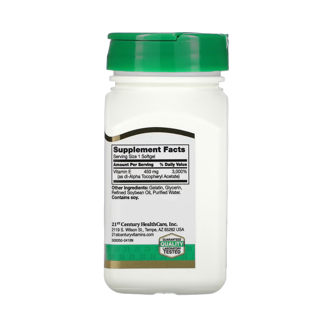 21st Century, Vitamin E, 450 mg (1,000 IU), 55 Softgels back packaging view