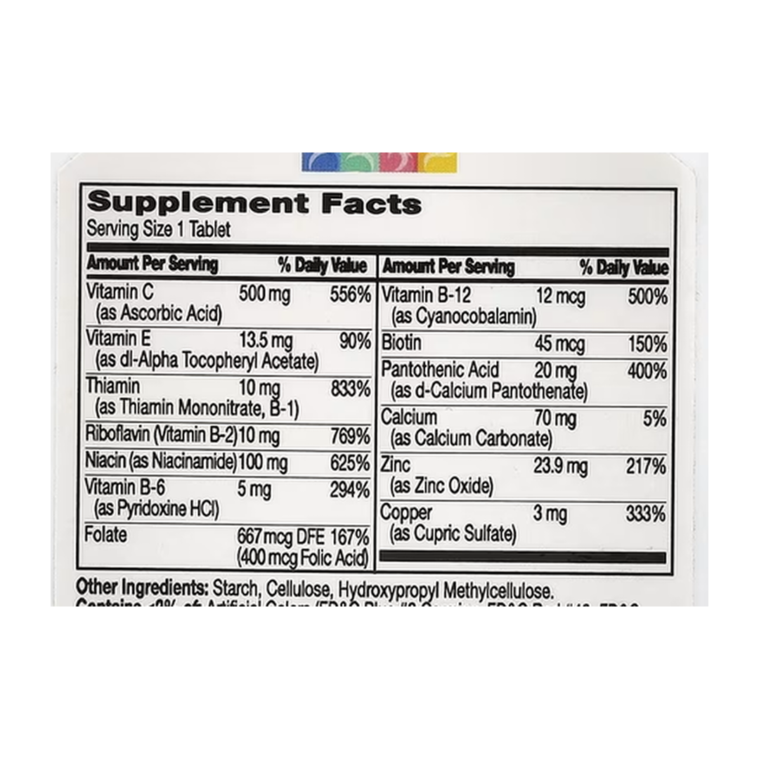 21st Century, Stress B with Zinc, 66 Tablets supplement facts label showing ingredients, vitamins, minerals, and serving information