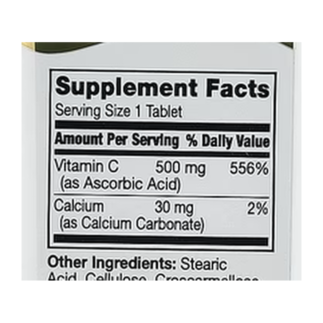 21st Century, Vitamin C, 500 mg, 250 Tablets supplement facts label showing ingredients, vitamins, minerals, and serving information