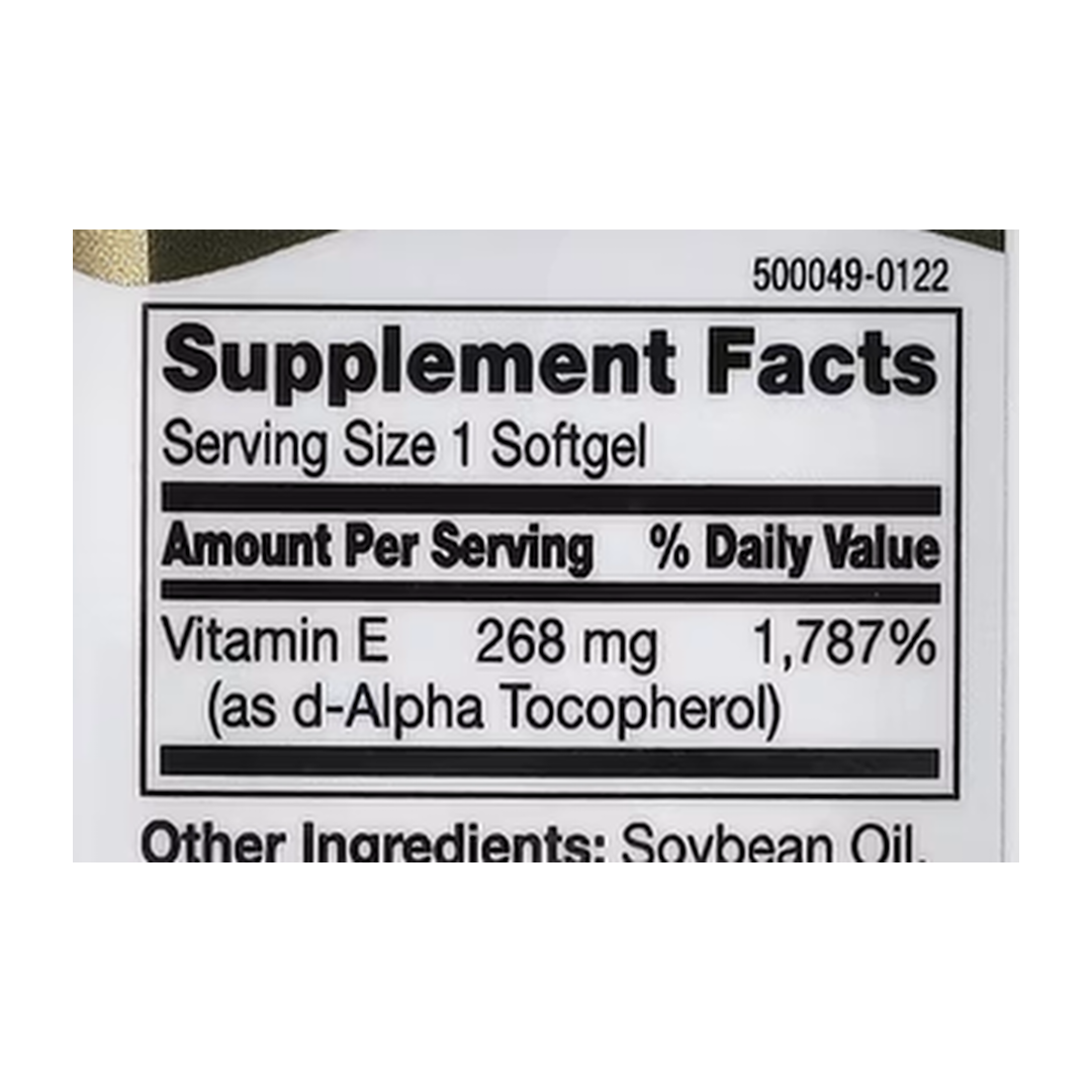 21st Century, Natural Vitamin E, 268 mg (400 IU), 110 Softgels supplement facts label showing ingredients, vitamins, minerals, and serving information