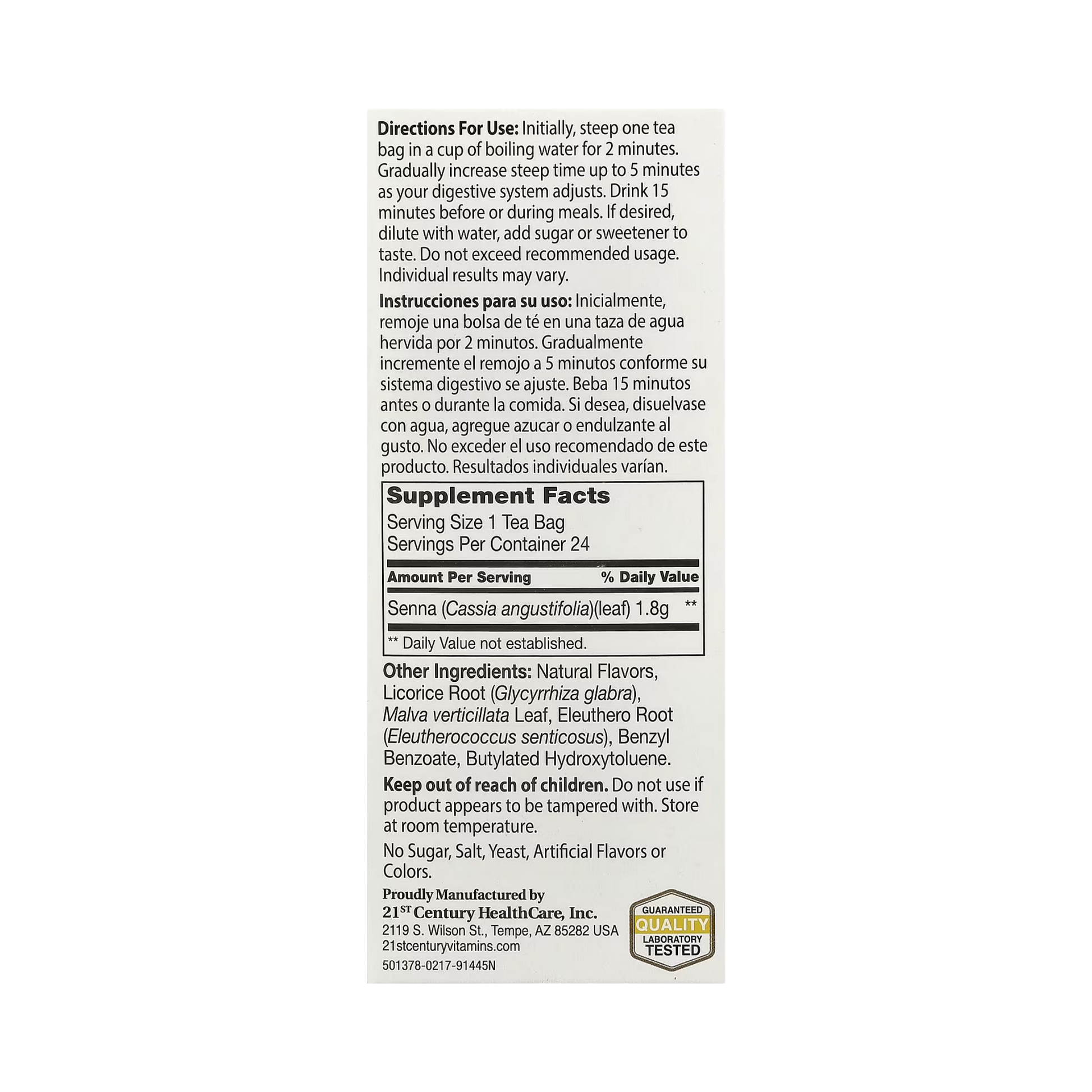 21st Century, Herbal Slimming Tea, Honey Lemon, Caffeine Free, 24 Tea Bags, 1.7 oz, 48 g back packaging view
