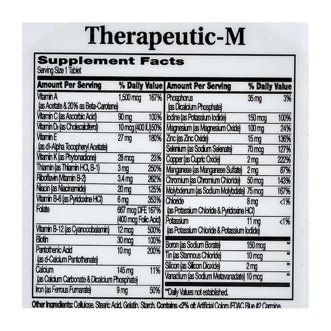 21st Century, Therapeutic-M, 130 Tablets supplement facts label showing ingredients, vitamins, minerals, and serving information
