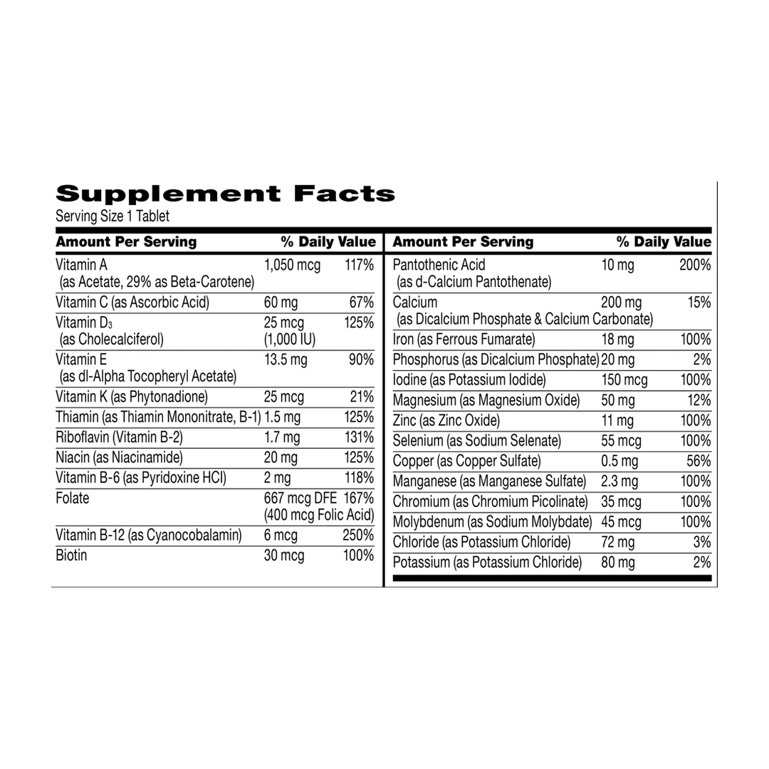 21st Century, Sentry, Adults Multivitamin & Multimineral Supplement, 130 Tablets supplement facts label showing ingredients, vitamins, minerals, and serving information