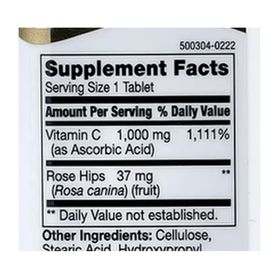 21st Century, Vitamin C with Rose Hips, 110 Tablets supplement facts label showing ingredients, vitamins, minerals, and serving information
