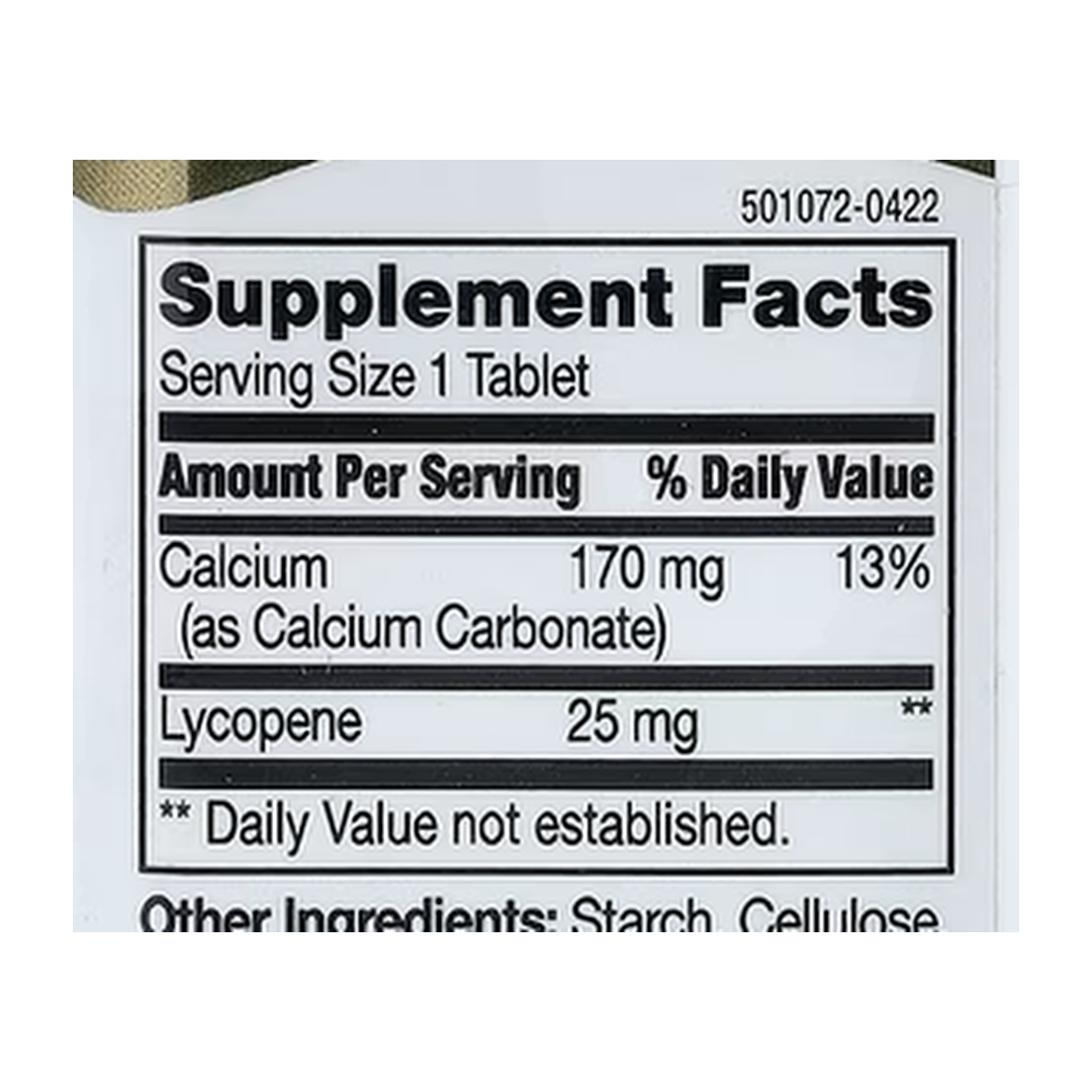 21st Century, Lycopene, 25 mg, 60 Tablets supplement facts label showing ingredients, vitamins, minerals, and serving information