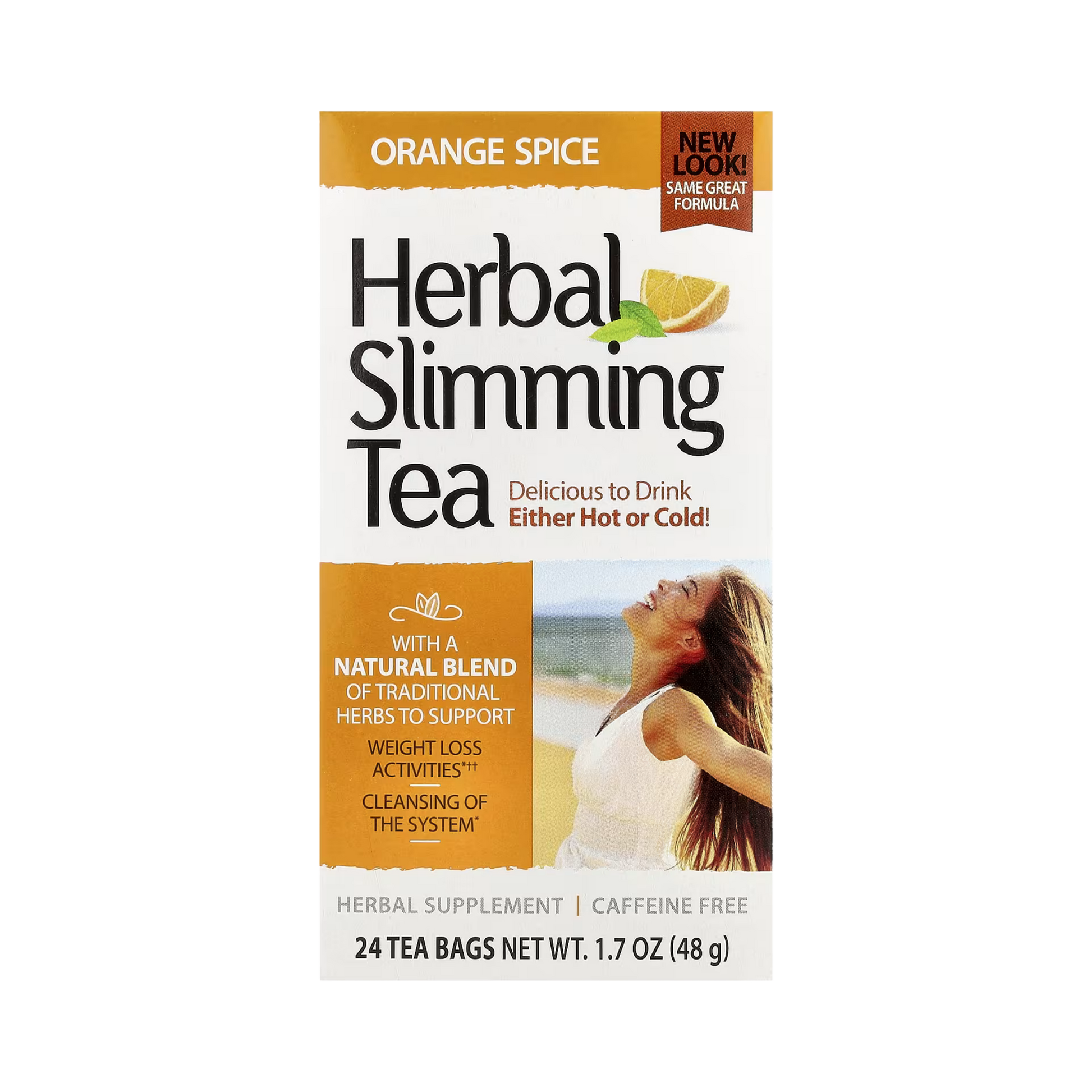 21st Century, Herbal Slimming Tea, Orange Spice, Caffeine Free, 24 Tea Bags, 1.7 oz, 48 g front packaging view