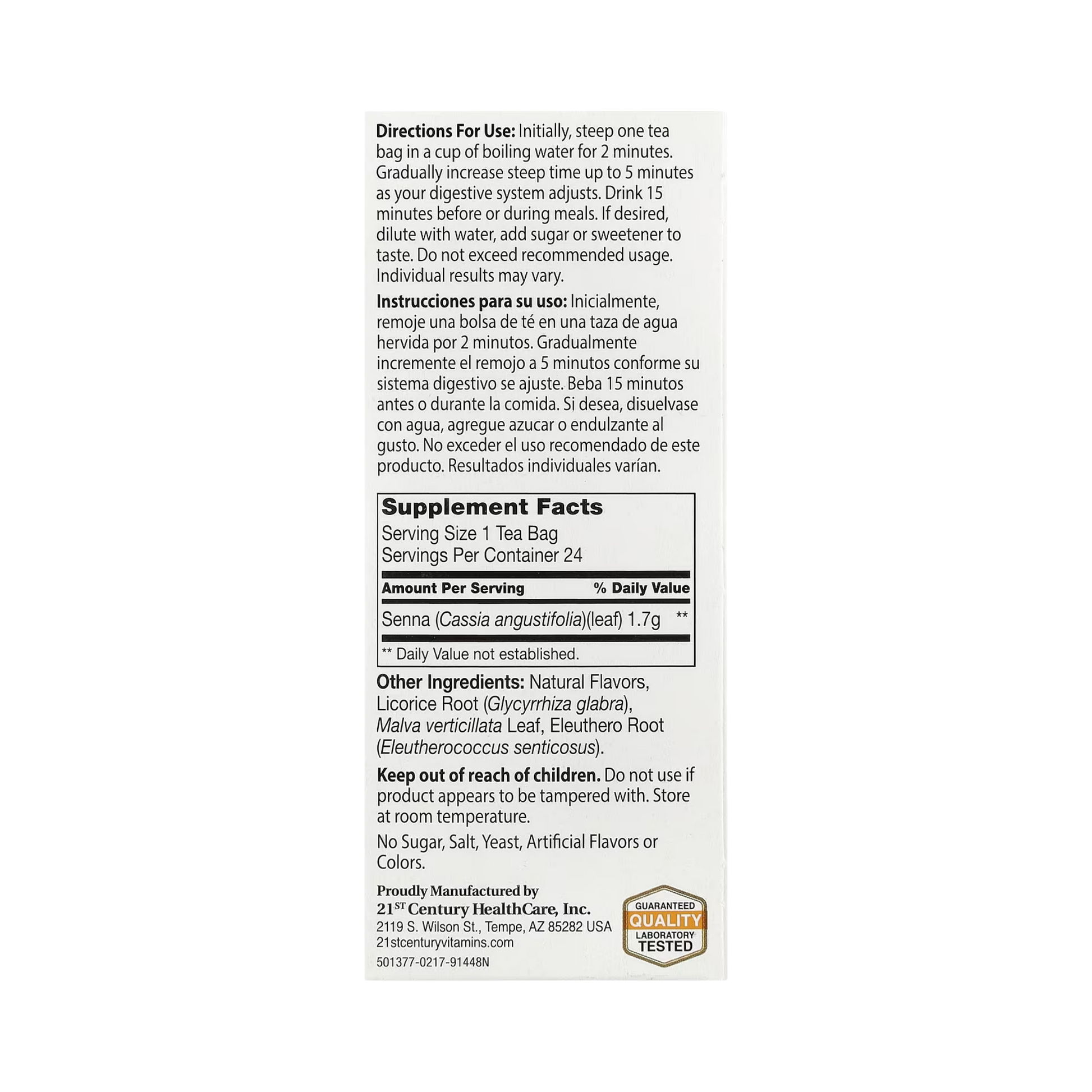 21st Century, Herbal Slimming Tea, Orange Spice, Caffeine Free, 24 Tea Bags, 1.7 oz, 48 g back packaging view