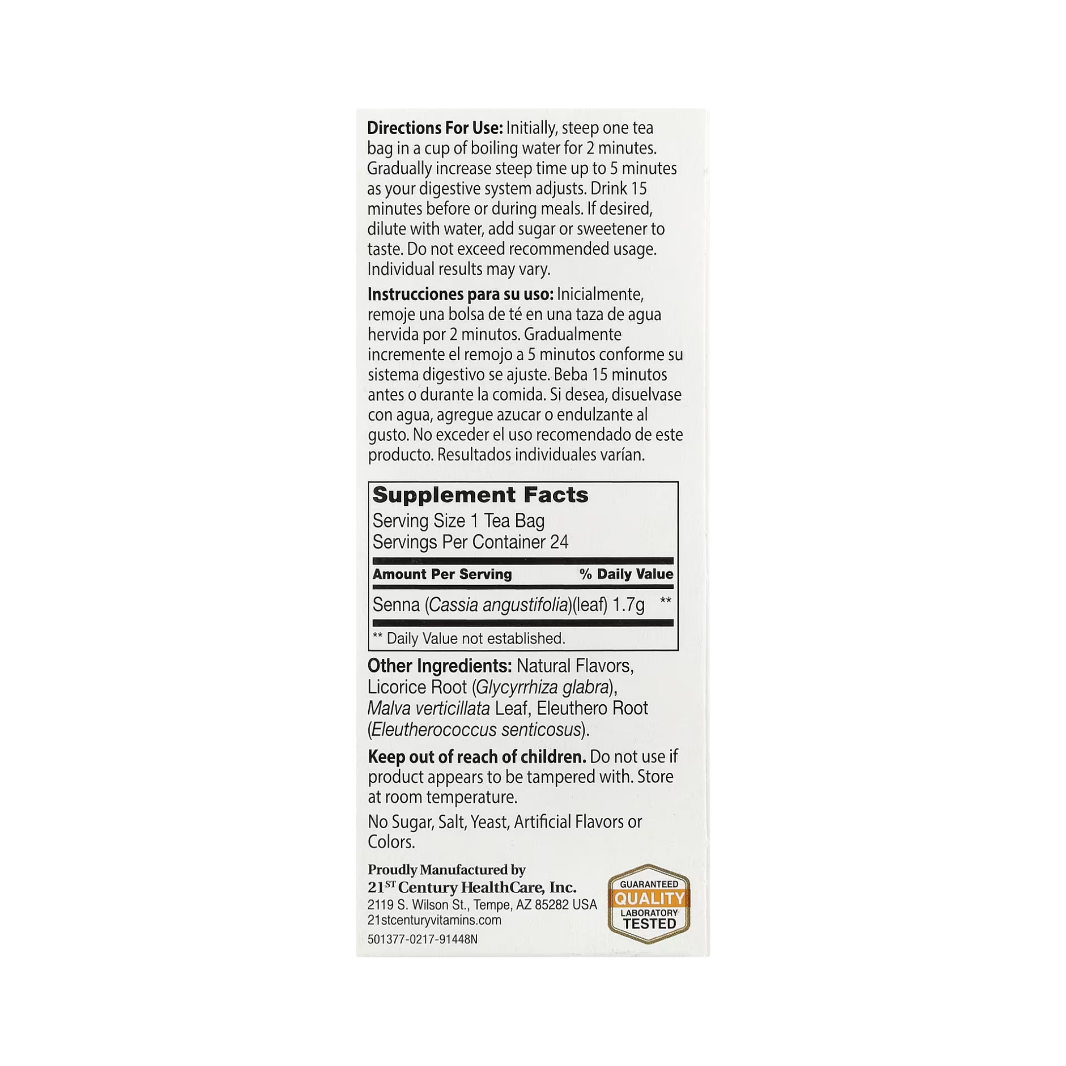 21st Century, Herbal Slimming Tea, Orange Spice, Caffeine Free, 24 Tea Bags, 1.7 oz, 48 g back packaging view