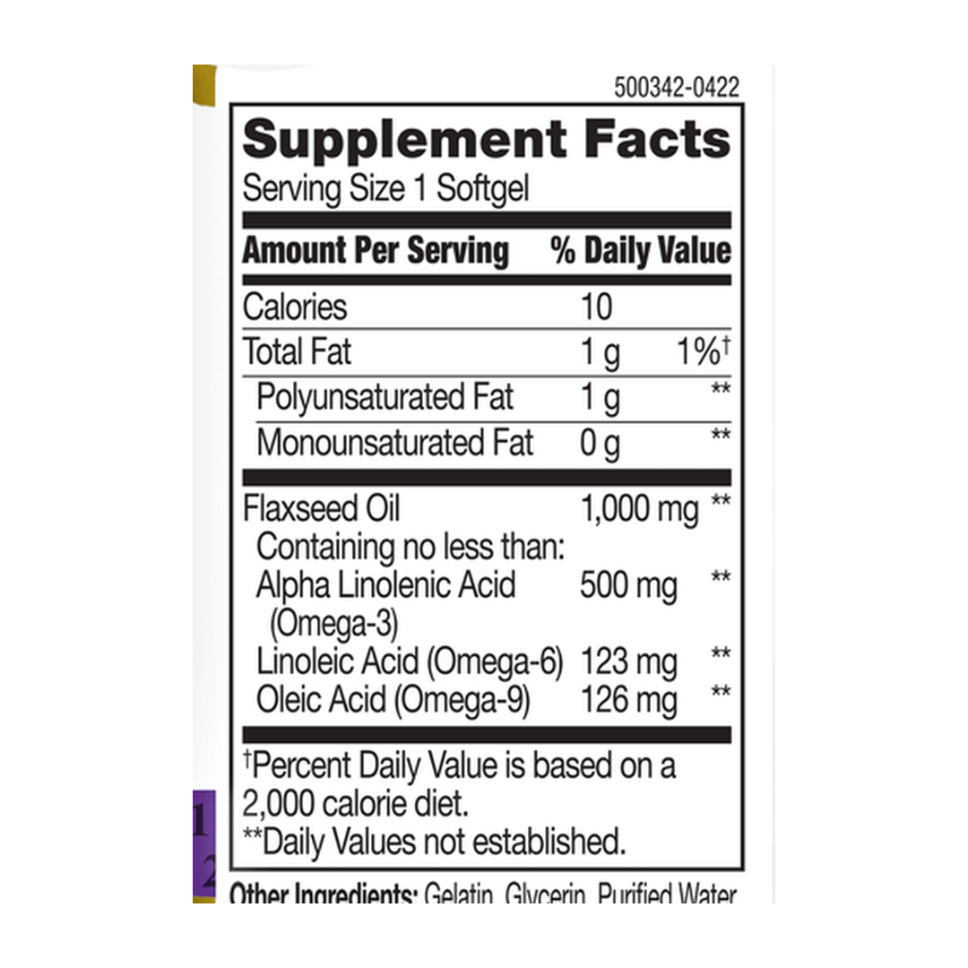 21st Century, Flaxseed Oil, 1,000 mg, 60 Softgels supplement facts label showing ingredients, vitamins, minerals, and serving information