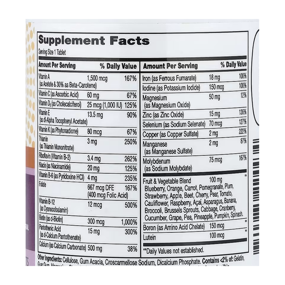 21st Century, Wellify!™ Women's Energy, Multivitamin Multimineral, 65 Tablets supplement facts label showing ingredients, vitamins, minerals, and serving information