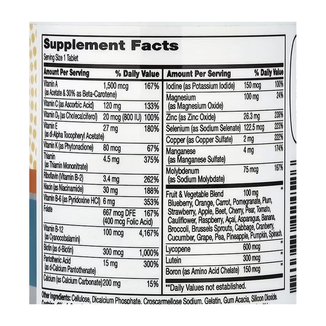 21st Century, Wellify™, Men's 50+ Multivitamin Multimineral, 65 Tablets supplement facts label showing ingredients, vitamins, minerals, and serving information