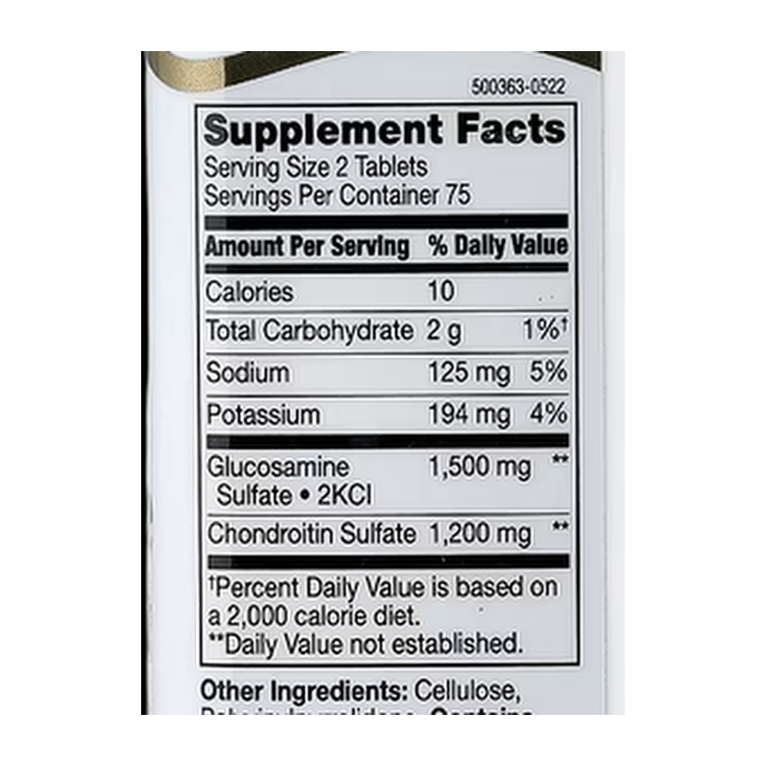 21st Century, Glucosamine Chondroitin, Triple Strength, 150 Tablets supplement facts label showing ingredients, vitamins, minerals, and serving information