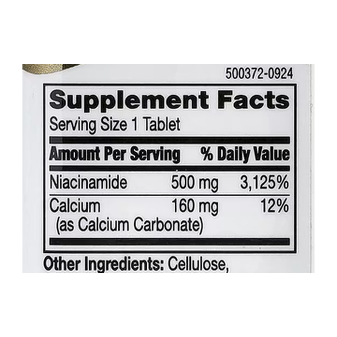 21st Century, Niacinamide, Prolonged Release , 110 Tablets supplement facts label showing ingredients, vitamins, minerals, and serving information