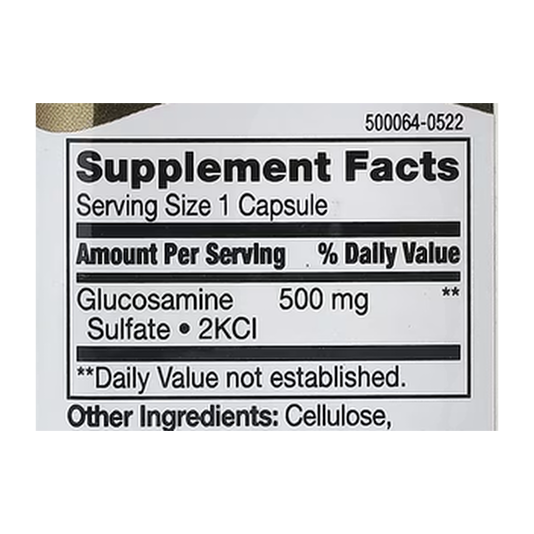 21st Century, Glucosamine Relief, 500 mg, 60 Easy To Swallow Capsules supplement facts label showing ingredients, vitamins, minerals, and serving information