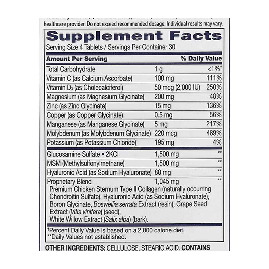 21st Century, Arthri-Flex Advantage® + Vitamin D3, 120 Coated Tablets supplement facts label showing ingredients, vitamins, minerals, and serving information