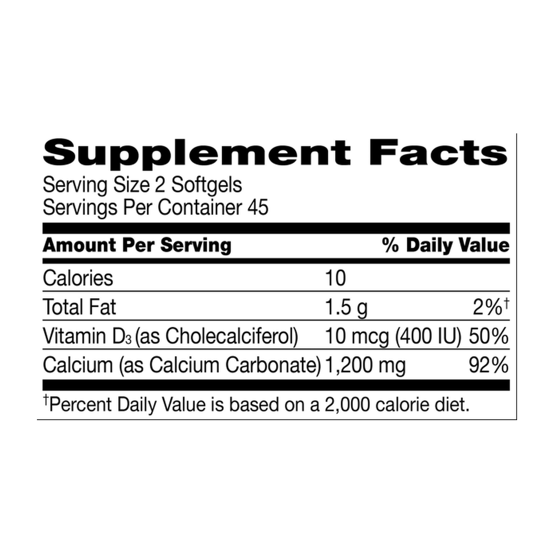21st Century, Liquid Filled Calcium Plus D3, 90 Rapid Release Softgels supplement facts label showing ingredients, vitamins, minerals, and serving information