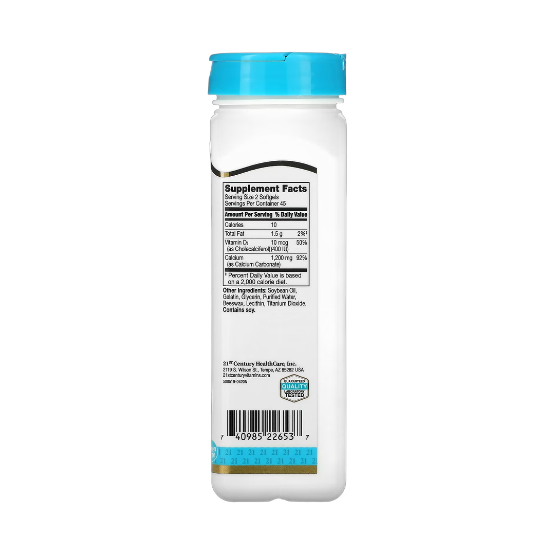 21st Century, Liquid Filled Calcium Plus D3, 90 Rapid Release Softgels back packaging view