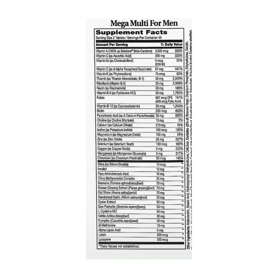 21st Century, Mega Multi for Men, 90 Tablets supplement facts label showing ingredients, vitamins, minerals, and serving information
