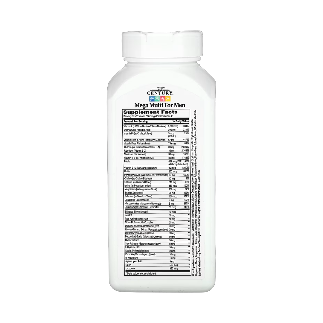 21st Century, Mega Multi for Men, 90 Tablets back packaging view