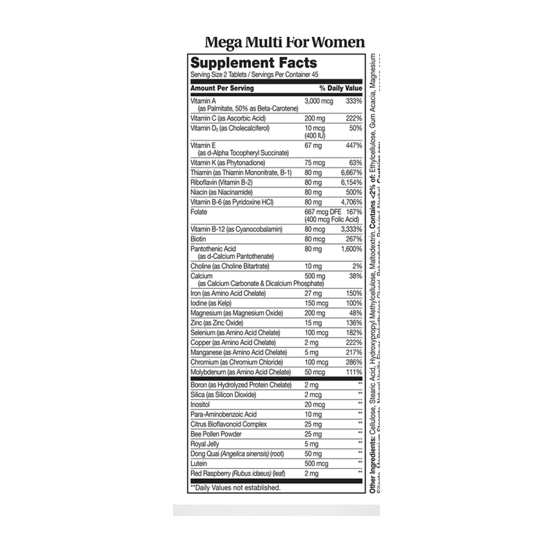 21st Century, Mega Multi for Women, 90 Tablets supplement facts label showing ingredients, vitamins, minerals, and serving information