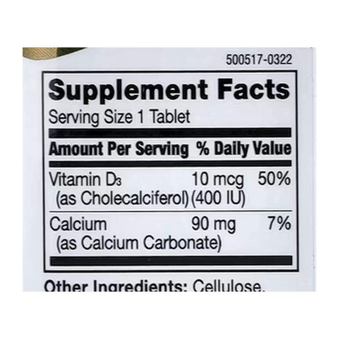 21st Century, Vitamin D3, 10 mcg (400 IU), 100 Tablets supplement facts label showing ingredients, vitamins, minerals, and serving information