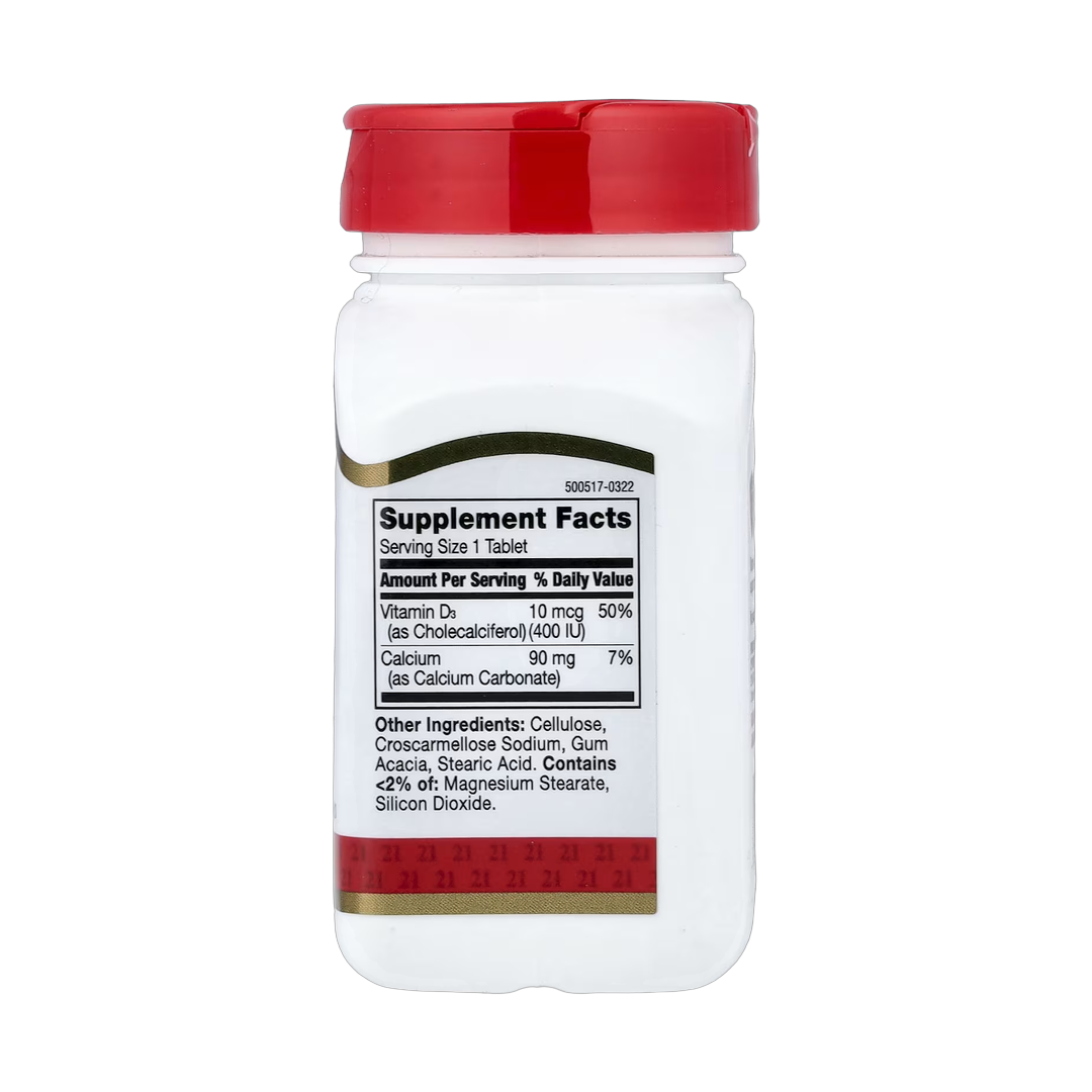 21st Century, Vitamin D3, 10 mcg (400 IU), 100 Tablets back packaging view