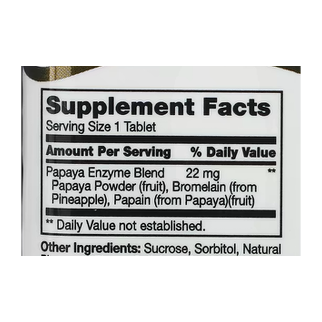 21st Century, Chewable Papaya Enzyme, 100 Tablets supplement facts label showing ingredients, vitamins, minerals, and serving information