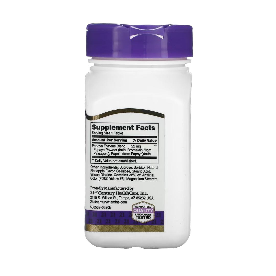 21st Century, Chewable Papaya Enzyme, 100 Tablets back packaging view